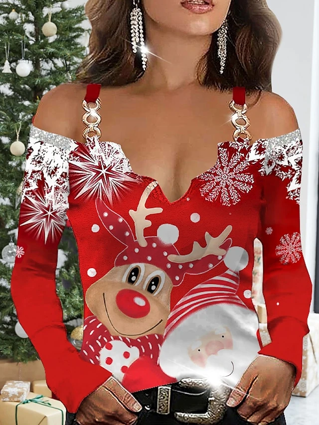 Women's Shirt Blouse Red Santa Claus Snowflake Deer Cut Out Print Long Sleeve Christmas Weekend Streetwear Casual V Neck Regular Fit Cold Shoulder Spring Fall 3 Women's Shirt Blouse Red Santa Claus Snowflake Deer Cut Out Print Long Sleeve Christmas Weekend Streetwear Casual V Neck Regular Fit Cold Shoulder Spring Fall