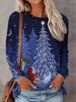 Women's T Shirt Tee Christmas Shirt Wine Red Blue Christmas Tree Snowflake Print Long Sleeve Christmas Weekend Basic Christmas Round Neck Regular Fit Painting -Cheap Women Clothing Store posjbw1636429528788