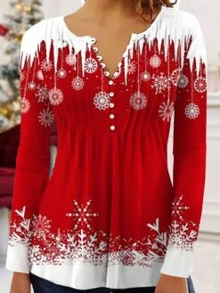 Women's Shirt Blouse Christmas Shirt Red Blue Green Snowflake Button Print 3/4 Length Sleeve Christmas Casual Festival / Holiday Round Neck Regular Fit Spring &Fall