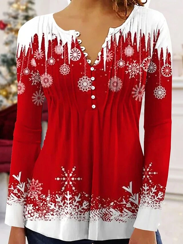 Women's Shirt Blouse Christmas Shirt Red Blue Green Snowflake Button Print 3/4 Length Sleeve Christmas Casual Festival / Holiday Round Neck Regular Fit Spring &Fall 3 Women's Shirt Blouse Christmas Shirt Red Blue Green Snowflake Button Print 3/4 Length Sleeve Christmas Casual Festival / Holiday Round Neck Regular Fit Spring &Fall