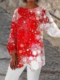 Women's Shirt Christmas Shirt White Yellow Wine Christmas Tree Snowflake Deer Asymmetric Print Long Sleeve Christmas Weekend Streetwear Print Christmas Round Neck Regular Fit -Cheap Women Clothing Store pppfcs1666257048397