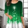 Women's T Shirt Tee Christmas Shirt Red Blue Purple Christmas Tree Snowflake Flowing Tunic Print Long Sleeve Party Christmas Weekend Festival / Holiday Round Neck Regular Fit Painting Spring &Fall