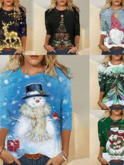 Women's T Shirt Tee Christmas Tree Color Block Festival Winter Spring &Fall Fall & Winter