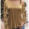 Women's Blouse Christmas Shirt Velvet Red Gold Striped Sparkly Sequins Print Long Sleeve Party Christmas Casual Festival / Holiday Cold Shoulder Regular Fit Spring &Fall