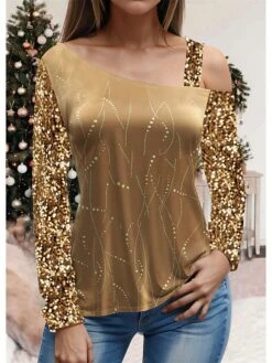 Women's Blouse Christmas Shirt Velvet Red Gold Striped Sparkly Sequins Print Long Sleeve Party Christmas Casual Festival / Holiday Cold Shoulder Regular Fit Spring &Fall