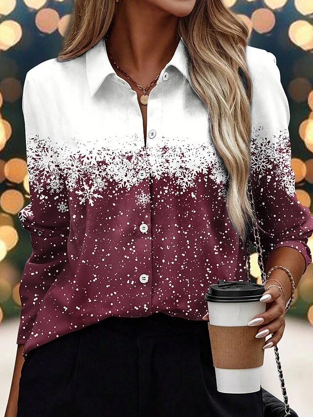 Women's Shirt Blouse Christmas Shirt Wine Navy Blue Brown Snowflake Button Print Long Sleeve Christmas Casual Festival / Holiday Shirt Collar Regular Fit Spring &Fall 6 Women's Shirt Blouse Christmas Shirt Wine Navy Blue Brown Snowflake Button Print Long Sleeve Christmas Casual Festival / Holiday Shirt Collar Regular Fit Spring &Fall - Image 4