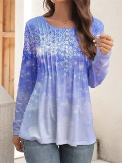 Women's Shirt Christmas Shirt Pink Blue Purple Snowflake Button Flowing Tunic Print Long Sleeve Casual Festival / Holiday Round Neck Regular Fit Spring &Fall -Cheap Women Clothing Store puwstx1697454155988