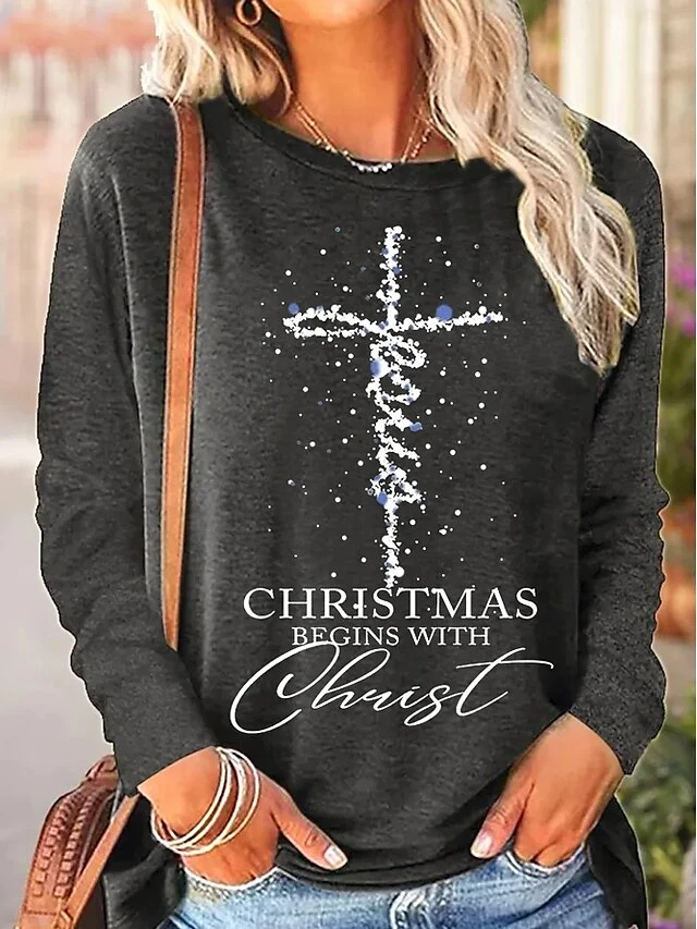Women's T Shirt Tee Christmas Shirt Black Pink Blue Letter Print Long Sleeve Christmas Weekend Festival / Holiday Christmas Round Neck Regular Fit Painting Spring &Fall 7 Women's T Shirt Tee Christmas Shirt Black Pink Blue Letter Print Long Sleeve Christmas Weekend Festival / Holiday Christmas Round Neck Regular Fit Painting Spring &Fall - Image 5