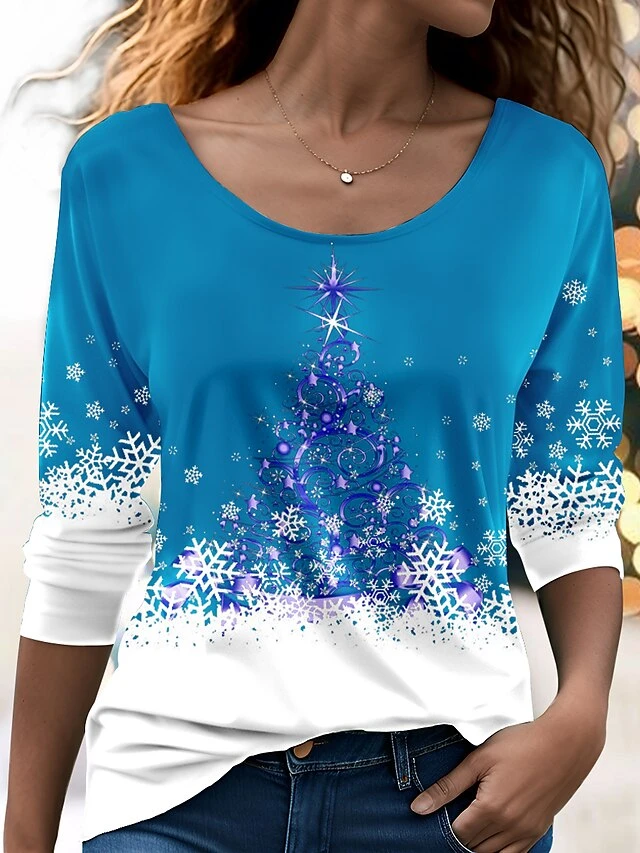 Women's T Shirt Tee Christmas Shirt Red Blue Purple Christmas Tree Snowflake Print Long Sleeve Party Christmas Weekend Festival / Holiday Print Christmas Round Neck Regular Fit Painting Spring &Fall 4 Women's T Shirt Tee Christmas Shirt Red Blue Purple Christmas Tree Snowflake Print Long Sleeve Party Christmas Weekend Festival / Holiday Print Christmas Round Neck Regular Fit Painting Spring &Fall - Image 2