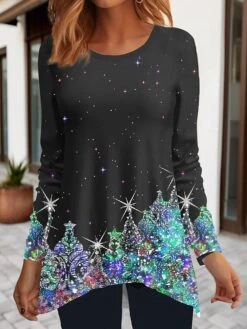 Women's T Shirt Tee Christmas Shirt Pink Blue Purple Christmas Tree Flowing Tunic Print Long Sleeve Party Christmas Weekend Festival / Holiday Round Neck Regular Fit Painting Spring &Fall -Cheap Women Clothing Store pwyooa1694165936821