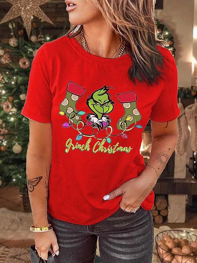 Women's T Shirt Tee Christmas Shirt Black White Pink Graphic Grinch Ugly Christmas Print Short Sleeve Christmas Weekend Basic Christmas Round Neck Regular Fit Painting 7 Women's T Shirt Tee Christmas Shirt Black White Pink Graphic Grinch Ugly Christmas Print Short Sleeve Christmas Weekend Basic Christmas Round Neck Regular Fit Painting - Image 5