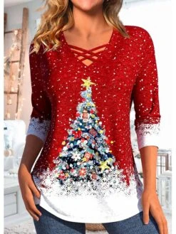 Women's T Shirt Tee Christmas Shirt Red Christmas Tree Print Long Sleeve Party Christmas Weekend Festival / Holiday V Neck Regular Fit Painting Spring &Fall