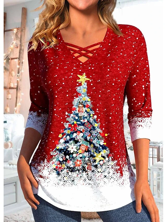 Women's T Shirt Tee Christmas Shirt Red Christmas Tree Print Long Sleeve Party Christmas Weekend Festival / Holiday V Neck Regular Fit Painting Spring &Fall 3 Women's T Shirt Tee Christmas Shirt Red Christmas Tree Print Long Sleeve Party Christmas Weekend Festival / Holiday V Neck Regular Fit Painting Spring &Fall