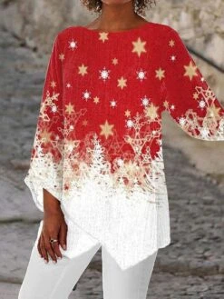 Women's Shirt Christmas Shirt White Yellow Wine Christmas Tree Snowflake Deer Asymmetric Print Long Sleeve Christmas Weekend Streetwear Print Christmas Round Neck Regular Fit