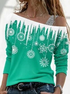 Women's T Shirt Tee Christmas Shirt Red Blue Green Snowflake Print Long Sleeve Christmas Weekend Basic Christmas Off Shoulder Regular Fit Painting Fall & Winter -Cheap Women Clothing Store pymkdr1664785646968