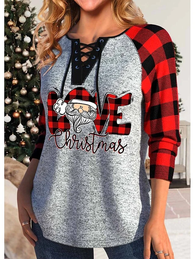 Women's T Shirt Tee Christmas Shirt Red Plaid Santa Claus Print Long Sleeve Christmas Weekend Festival / Holiday V Neck Regular Fit Painting Spring &Fall 4 Women's T Shirt Tee Christmas Shirt Red Plaid Santa Claus Print Long Sleeve Christmas Weekend Festival / Holiday V Neck Regular Fit Painting Spring &Fall - Image 2
