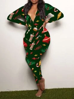 Women's Jumpsuit Print Geometric V Neck Active Xmas Home Christmas Regular Fit Long Sleeve White-1 Blue-3 Khaki-7 S M L Fall -Cheap Women Clothing Store pyuibc1695792450503