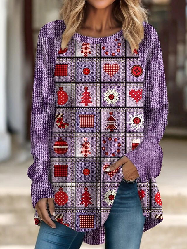 Women's T Shirt Tee Christmas Shirt Blue Purple Green Graphic Christmas Tree Print Long Sleeve Christmas Weekend Festival / Holiday Round Neck Regular Fit Painting Spring &Fall 5 Women's T Shirt Tee Christmas Shirt Blue Purple Green Graphic Christmas Tree Print Long Sleeve Christmas Weekend Festival / Holiday Round Neck Regular Fit Painting Spring &Fall - Image 3