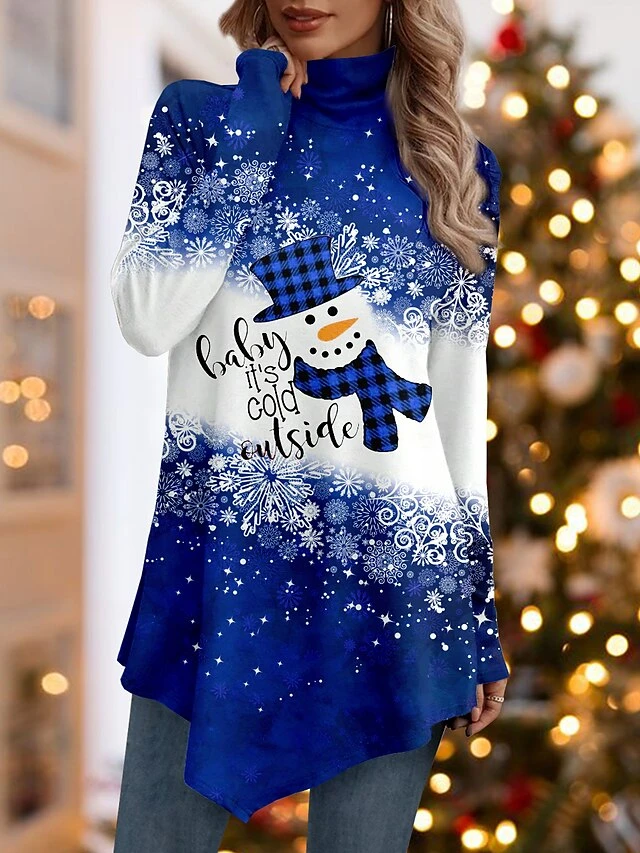 Women's Christmas Shirt Red Blue Purple Snowman Snowflake Asymmetrical Print Long Sleeve Party Christmas Weekend Festival / Holiday High Neck Regular Fit Painting Spring &Fall 4 Women's Christmas Shirt Red Blue Purple Snowman Snowflake Asymmetrical Print Long Sleeve Party Christmas Weekend Festival / Holiday High Neck Regular Fit Painting Spring &Fall - Image 2