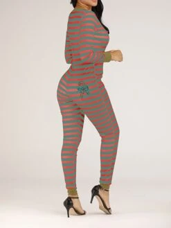 Women's Jumpsuit Button Print Striped V Neck Streetwear Christmas Street Xmas Regular Fit Long Sleeve Pink Red Blue S M L Fall -Cheap Women Clothing Store qaowds1695792387104