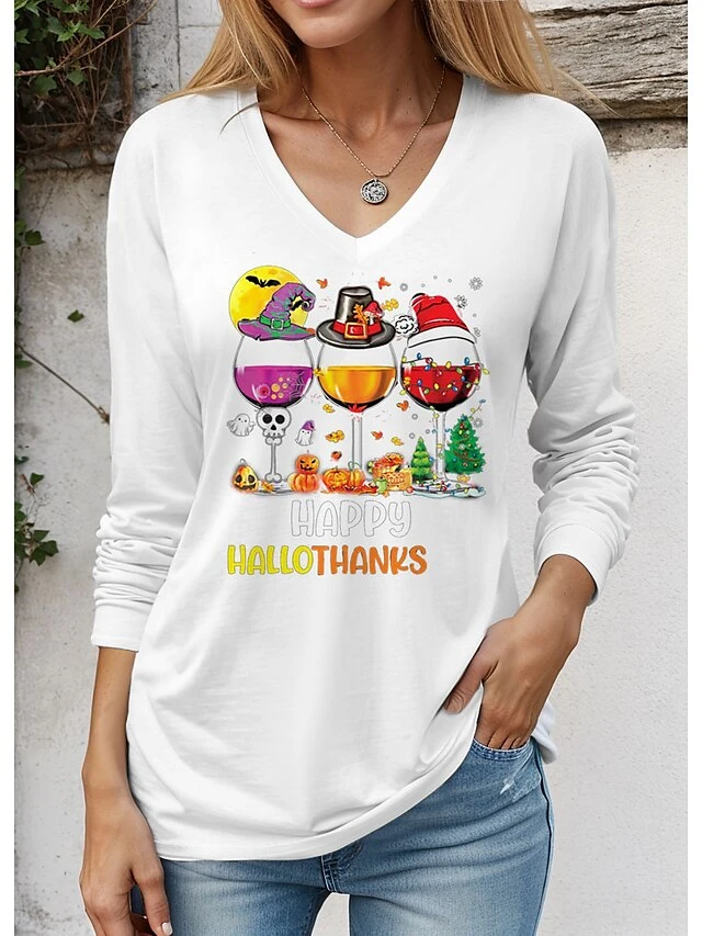 Women's T Shirt Tee Christmas Shirt Black White Red Wine Glass Print Long Sleeve Christmas Weekend Festival / Holiday Christmas V Neck Regular Fit Painting Spring &Fall 4 Women's T Shirt Tee Christmas Shirt Black White Red Wine Glass Print Long Sleeve Christmas Weekend Festival / Holiday Christmas V Neck Regular Fit Painting Spring &Fall - Image 2