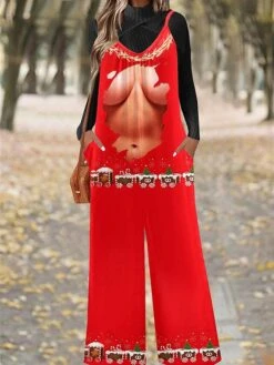 Women's Jumpsuit Pocket Print Santa Claus U Neck Casual Christmas Xmas Daily Straight Regular Fit Spaghetti Strap White Wine Red S M L All Seasons -Cheap Women Clothing Store qbkvld1695866051831