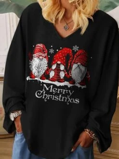 Women's T Shirt Tee Christmas Shirt Black Red Green Santa's Helper Print Long Sleeve Christmas Weekend Festival / Holiday Christmas V Neck Regular Fit Painting Spring &Fall -Cheap Women Clothing Store qbqxhl1694684290234