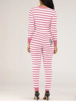 Women's Jumpsuit Button Print Striped V Neck Streetwear Christmas Street Xmas Regular Fit Long Sleeve Pink Red Blue S M L Fall -Cheap Women Clothing Store qbzsrn1695792390950