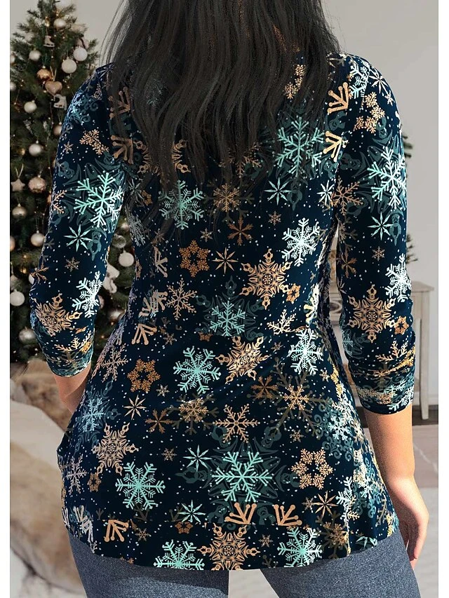 Women's Blouse Christmas Shirt Blue Snowflake Flowing Tunic Print Long Sleeve Casual Fashion V Neck Regular Fit Spring &Fall 4 Women's Blouse Christmas Shirt Blue Snowflake Flowing Tunic Print Long Sleeve Casual Fashion V Neck Regular Fit Spring &Fall - Image 2