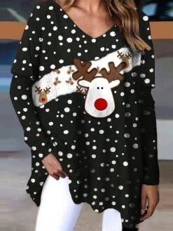 Women's T Shirt Tee Christmas Shirt Black Red Green Polka Dot Reindeer Print Long Sleeve Christmas Weekend Festival / Holiday V Neck Regular Fit Painting Spring &Fall