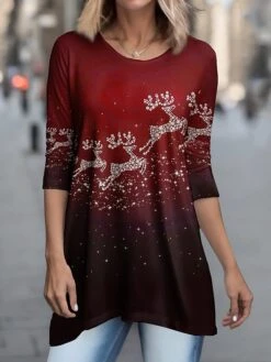 Women's T Shirt Tee Christmas Shirt Red Blue Purple Reindeer Flowing Tunic Print Long Sleeve Christmas Weekend Festival / Holiday Christmas Round Neck Regular Fit Painting Spring &Fall -Cheap Women Clothing Store qgolwb1695034165536