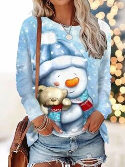 Women's T Shirt Tee Christmas Shirt Blue Snowman Print Long Sleeve Christmas Weekend Basic Christmas Round Neck Regular Fit Painting Fall & Winter