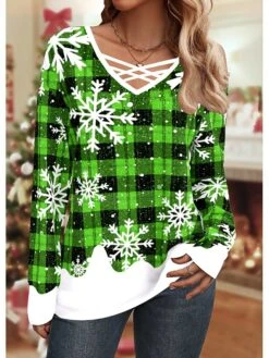 Women's T Shirt Tee Christmas Shirt Pink Red Blue Plaid Snowflake Print Long Sleeve Christmas Weekend Festival / Holiday V Neck Regular Fit Painting Spring &Fall -Cheap Women Clothing Store qhbuhn1697527782916