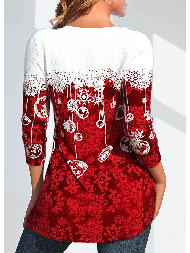 Women's Blouse Christmas Shirt Red Snowflake Print Long Sleeve Party Christmas Casual Festival / Holiday Round Neck Regular Fit Spring &Fall 5 Women's Blouse Christmas Shirt Red Snowflake Print Long Sleeve Party Christmas Casual Festival / Holiday Round Neck Regular Fit Spring &Fall - Image 3