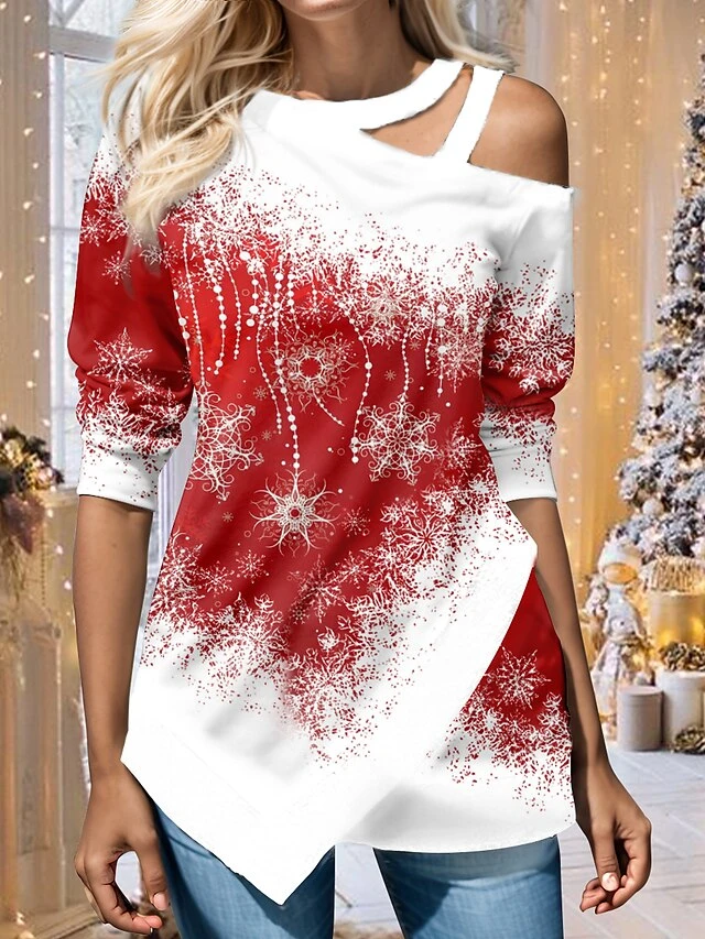 Women's Shirt Blouse Pink Red Blue Snowflake Cut Out Asymmetric Print Long Sleeve Christmas Casual Festival / Holiday V Neck Regular Fit Spring &Fall 3 Women's Shirt Blouse Pink Red Blue Snowflake Cut Out Asymmetric Print Long Sleeve Christmas Casual Festival / Holiday V Neck Regular Fit Spring &Fall