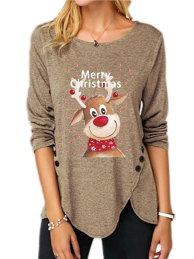 Women's T Shirt Tee Text Reindeer Christmas Tree Gift Weekend Abstract Painting T Shirt Tee Long Sleeve Button Print Round Neck Basic Essential Green Black Blue S 4 Women's T Shirt Tee Text Reindeer Christmas Tree Gift Weekend Abstract Painting T Shirt Tee Long Sleeve Button Print Round Neck Basic Essential Green Black Blue S - Image 2