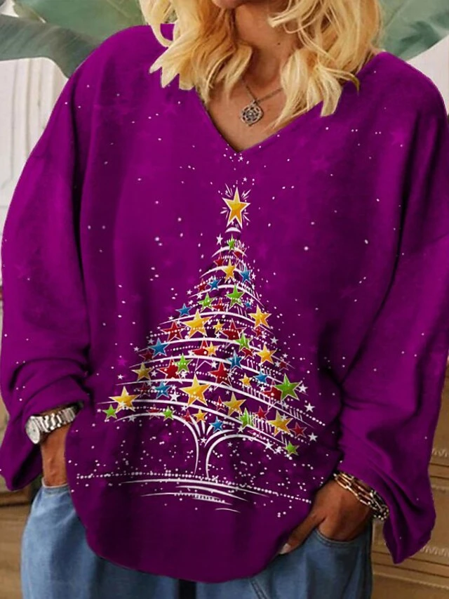 Women‘s Plus Size Christmas Tops T Shirt Tee Tree Print Long Sleeve V Neck Casual Festival Daily Polyester Winter Fall Green Blue 4 Women‘s Plus Size Christmas Tops T Shirt Tee Tree Print Long Sleeve V Neck Casual Festival Daily Polyester Winter Fall Green Blue - Image 2