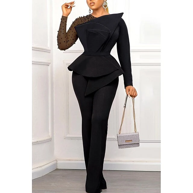 Women's Jumpsuit Solid Color One Shoulder Elegant Wedding Cocktail Party Christmas Regular Fit Long Sleeve Black White S M L Spring 4 Women's Jumpsuit Solid Color One Shoulder Elegant Wedding Cocktail Party Christmas Regular Fit Long Sleeve Black White S M L Spring - Image 2