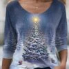 Women's T Shirt Tee Christmas Shirt Navy Blue Christmas Tree Print Long Sleeve Party Christmas Weekend Festival / Holiday Print Christmas Round Neck Regular Fit Painting Spring &Fall -Cheap Women Clothing Store qmobgw1695026670939