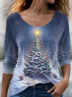 Women's T Shirt Tee Christmas Shirt Navy Blue Christmas Tree Print Long Sleeve Party Christmas Weekend Festival / Holiday Print Christmas Round Neck Regular Fit Painting Spring &Fall