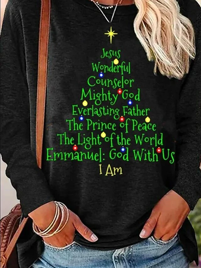 Women's T Shirt Tee Christmas Shirt Black Christmas Tree Text Print Long Sleeve Christmas Weekend Basic Christmas Round Neck Regular Fit Painting Fall & Winter 5 Women's T Shirt Tee Christmas Shirt Black Christmas Tree Text Print Long Sleeve Christmas Weekend Basic Christmas Round Neck Regular Fit Painting Fall & Winter - Image 3