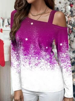 Women's T Shirt Tee Christmas Shirt Red Blue Purple Christmas Tree Print Long Sleeve Christmas Weekend Festival / Holiday Diagonal Neck Regular Fit Painting Spring &Fall 9 Women's T Shirt Tee Christmas Shirt Red Blue Purple Christmas Tree Print Long Sleeve Christmas Weekend Festival / Holiday Diagonal Neck Regular Fit Painting Spring &Fall -Cheap Women Clothing Store qnwexs1696742245302