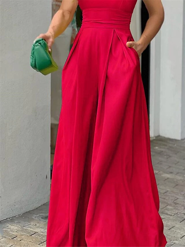 Women's Jumpsuit Ruffle Pocket Solid Color One Shoulder Streetwear Xmas Wedding Party Christmas Regular Fit Sleeveless Red S M L Summer 5 Women's Jumpsuit Ruffle Pocket Solid Color One Shoulder Streetwear Xmas Wedding Party Christmas Regular Fit Sleeveless Red S M L Summer - Image 3
