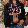 Women's Shirt Christmas Shirt Black Deer Cut Out Print Long Sleeve Christmas Weekend Streetwear Casual Print Round Neck Regular Fit Cold Shoulder -Cheap Women Clothing Store qoiccf1664784852314