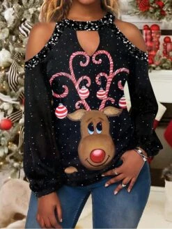 Women's Shirt Christmas Shirt Black Deer Cut Out Print Long Sleeve Christmas Weekend Streetwear Casual Print Round Neck Regular Fit Cold Shoulder