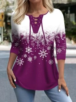 Women's T Shirt Tee Christmas Shirt Black Pink Red Snowflake Print Long Sleeve Christmas Weekend Festival / Holiday V Neck Regular Fit Painting Spring &Fall -Cheap Women Clothing Store qomjwc1695639257715
