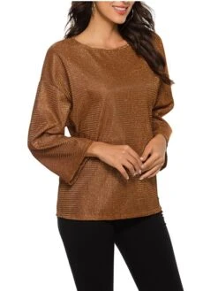 Women's Shirt Blouse Fleece Black Wine Purple Plain Sparkly Sequins Long Sleeve Party Christmas Casual Vintage Fashion Metallic Round Neck Regular Fit Spring Fall -Cheap Women Clothing Store qouqnn1668154972021