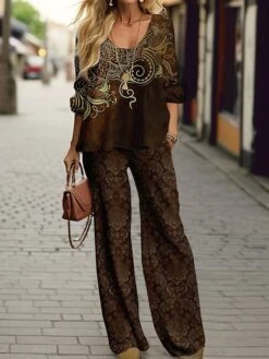 Women's Designer Shirt Pants Sets Red Blue Brown Graphic Print Long Sleeve Party Festival Christmas Round Neck Regular Fit Spring &Fall -Cheap Women Clothing Store qpjzch1697191751070