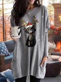 Women's T Shirt Tee Christmas Shirt White Light Grey Gray Cat Santa's Helper Pocket Print Long Sleeve Christmas Weekend Basic Christmas Round Neck Regular Fit Painting 7 Women's T Shirt Tee Christmas Shirt White Light Grey Gray Cat Santa's Helper Pocket Print Long Sleeve Christmas Weekend Basic Christmas Round Neck Regular Fit Painting -Cheap Women Clothing Store qrejuc1665996103556