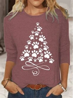 Women's T Shirt Tee Christmas Shirt Black Red Blue Christmas Tree Print Long Sleeve Party Christmas Weekend Festival / Holiday Round Neck Regular Fit Painting Spring &Fall -Cheap Women Clothing Store qrkdkz1696842380100